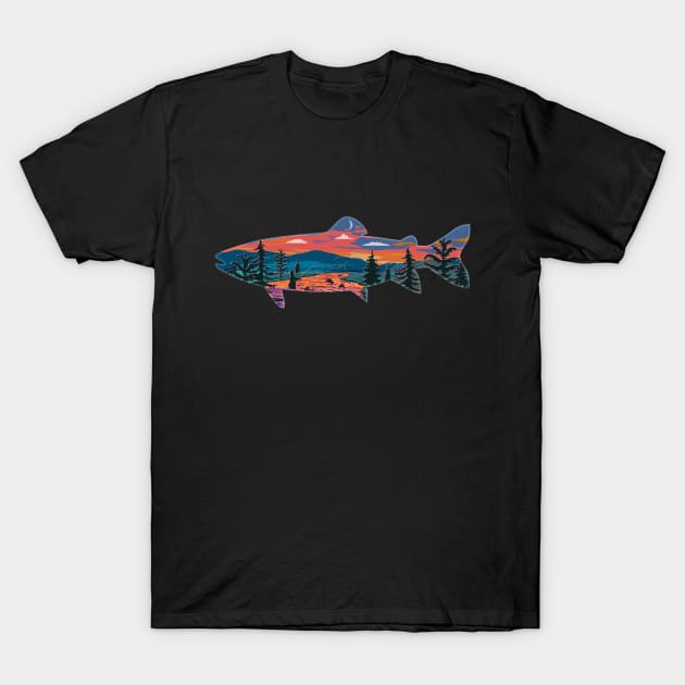 Trout Silhouette Fly Fishing Mountain Sunset River Stream Art T-Shirt by TeeCreations